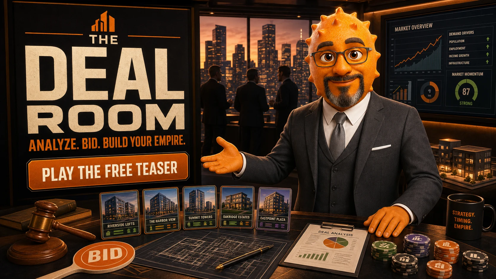 The Deal Room: Analyze, bid, and build your real estate empire.